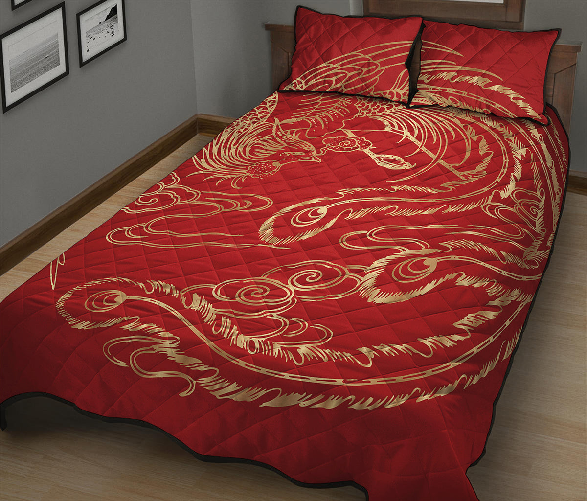 Chinese Phoenix Print Quilt Bed Set