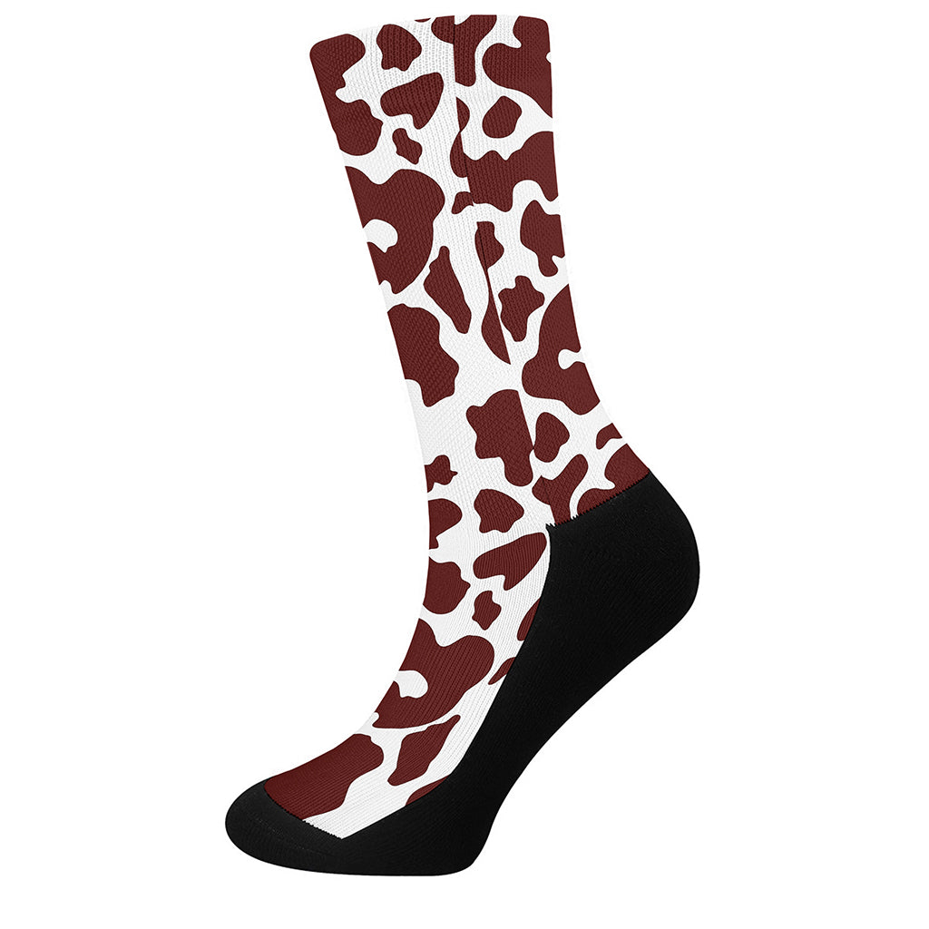Chocolate Brown And White Cow Print Crew Socks