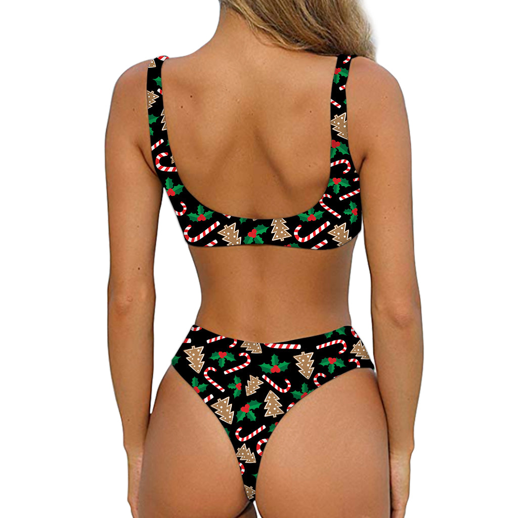 Christmas Cookie And Candy Pattern Print Front Bow Tie Bikini