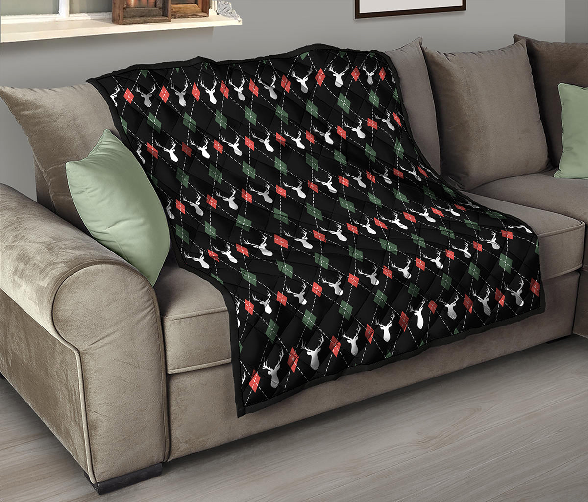Christmas Deer Argyle Pattern Print Quilt