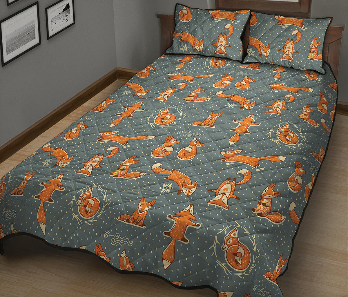 Christmas Fox Pattern Print Quilt Bed Set