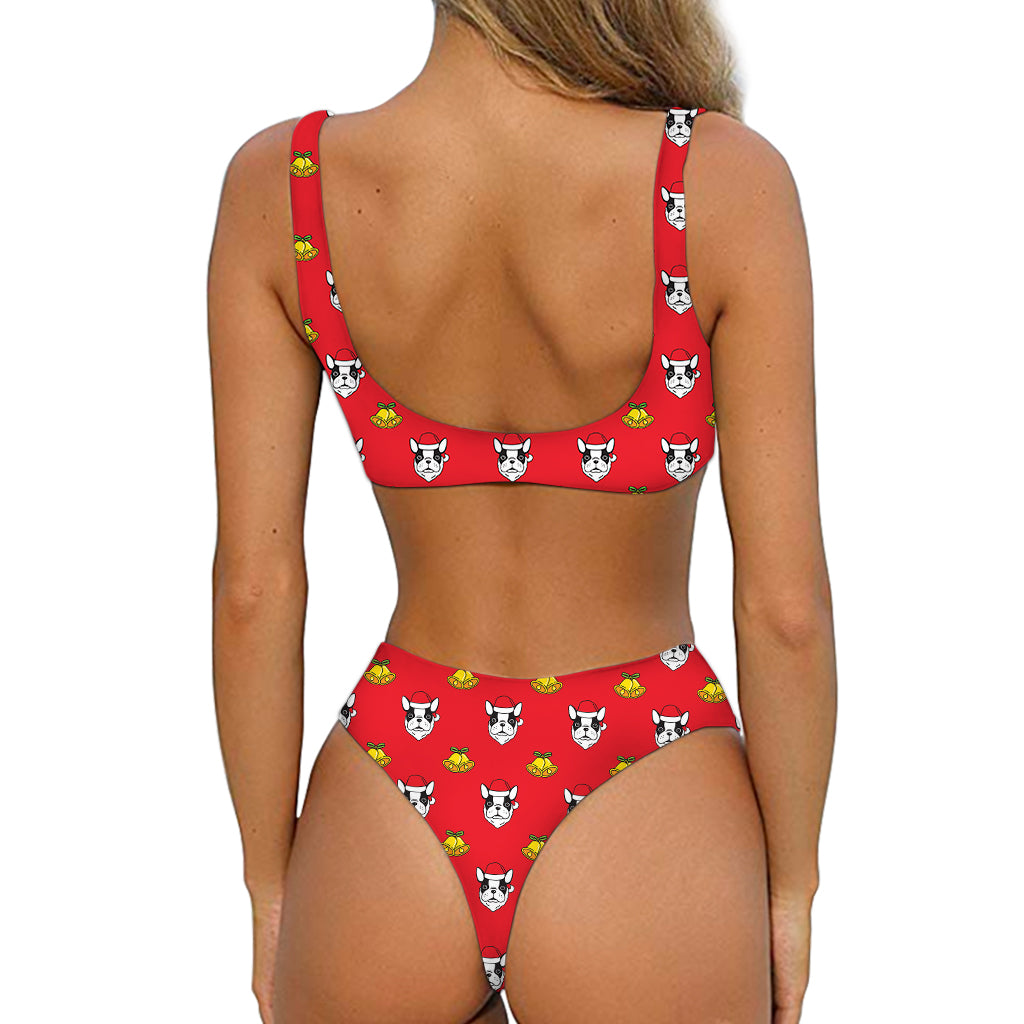 Christmas French Bulldog Santa Print Front Bow Tie Bikini