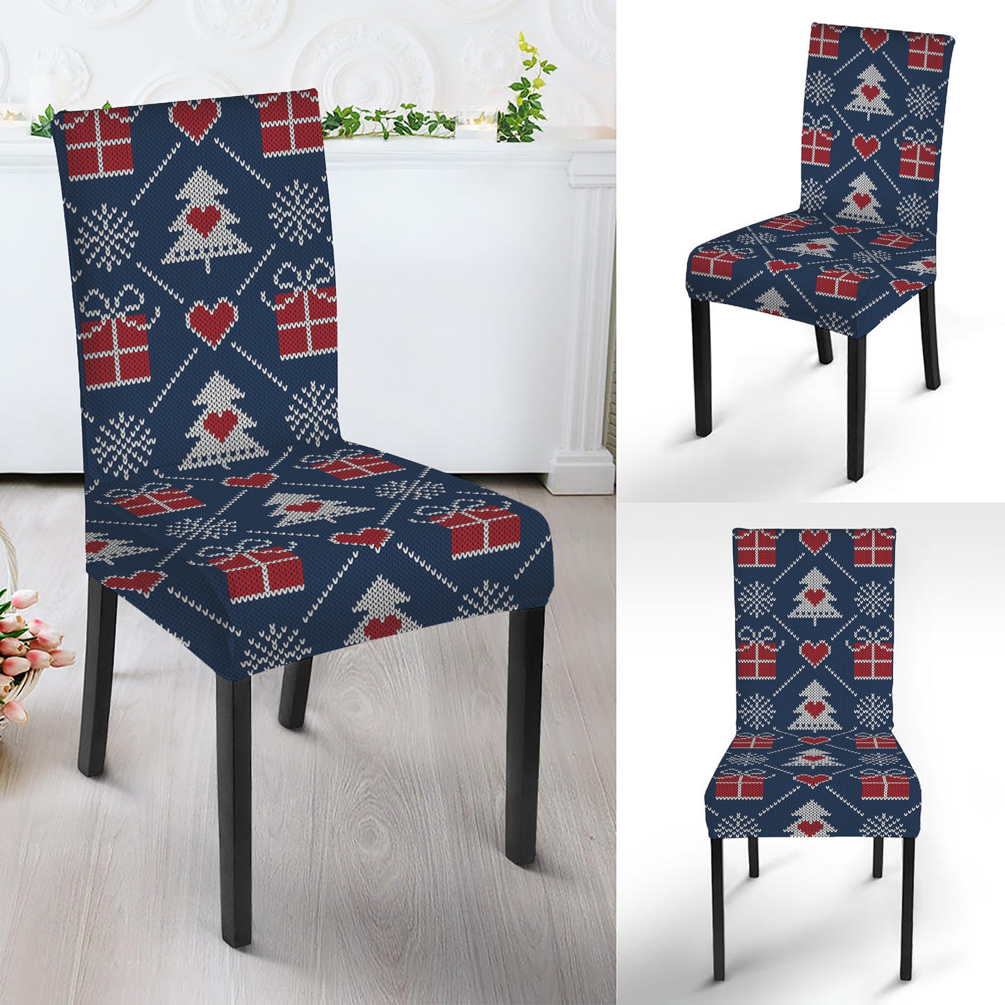 Christmas Gift Knitted Pattern Print Dining Chair Slipcover