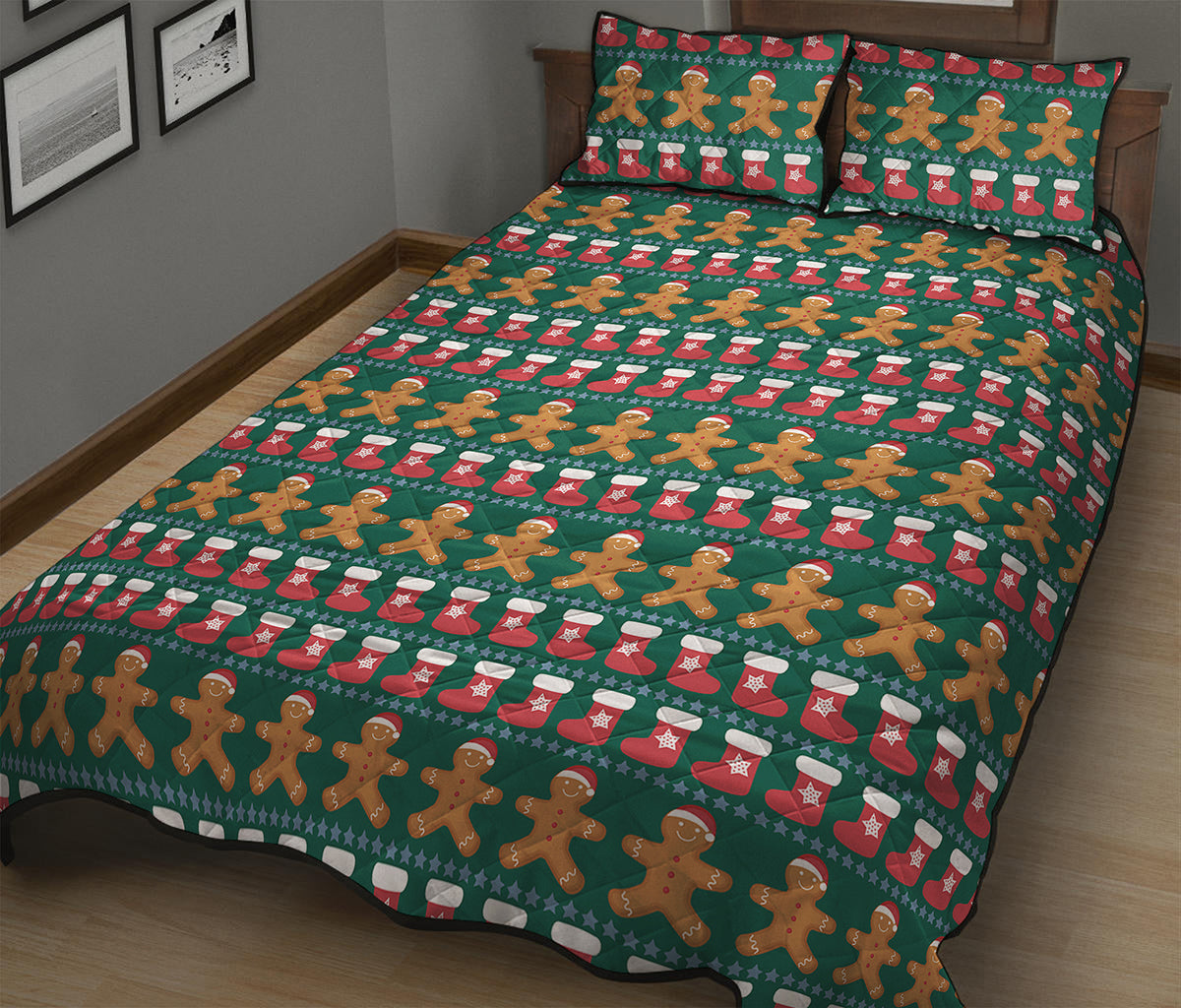 Christmas Gingerbread Man Pattern Print Quilt Bed Set