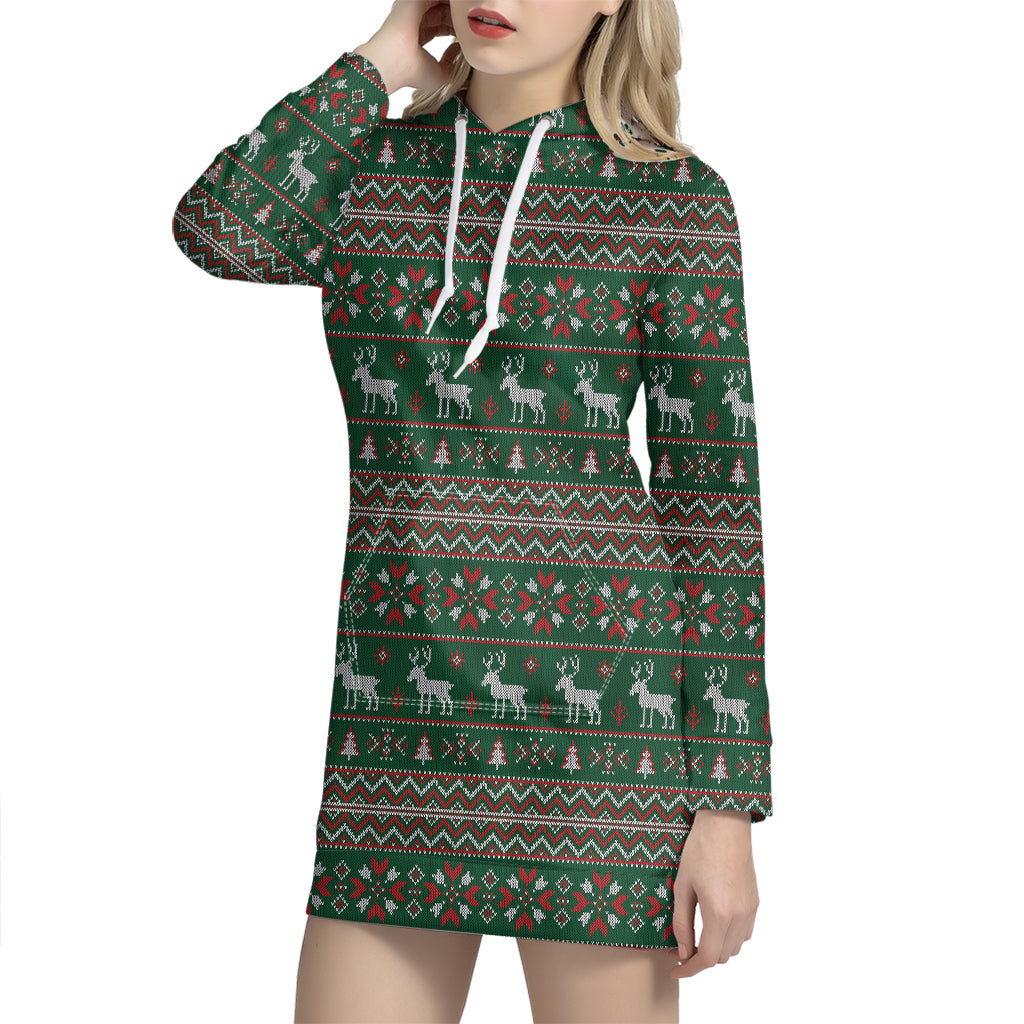 Christmas Holiday Knitted Pattern Print Hoodie Dress