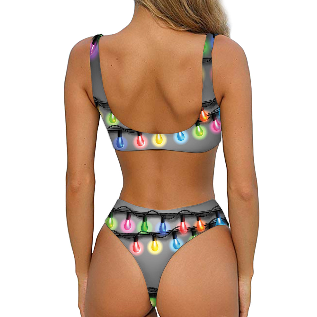 Christmas Holiday Lights Print Front Bow Tie Bikini