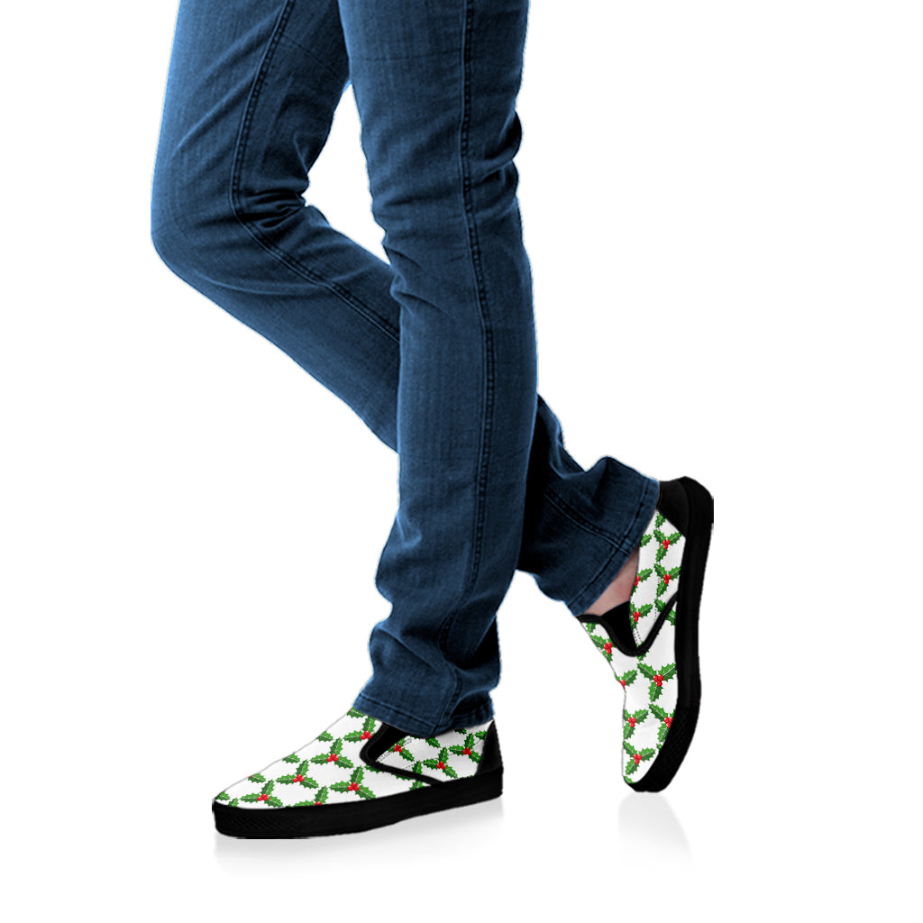 Christmas Holly Berry Pattern Print Black Slip On Shoes
