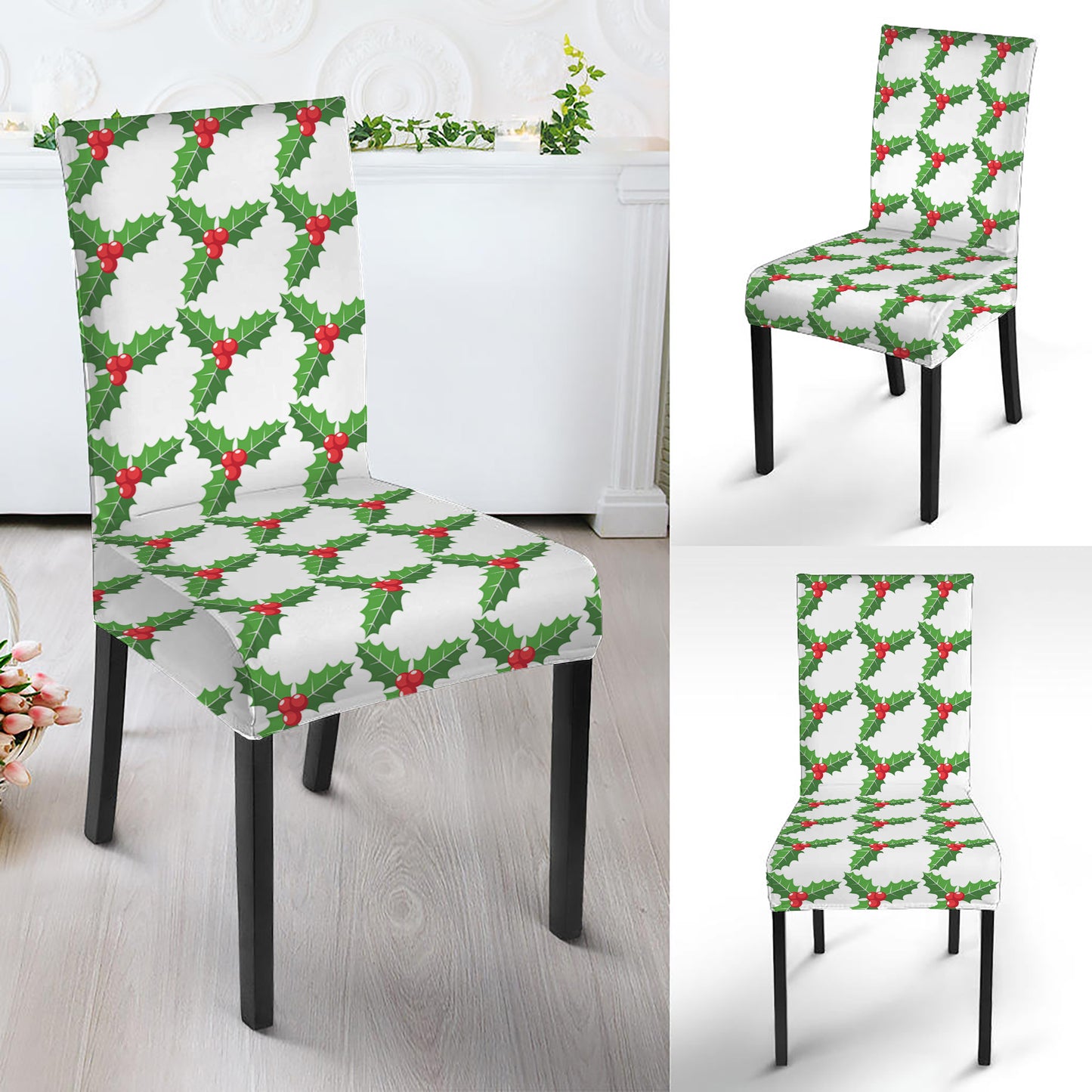 Christmas Holly Berry Pattern Print Dining Chair Slipcover
