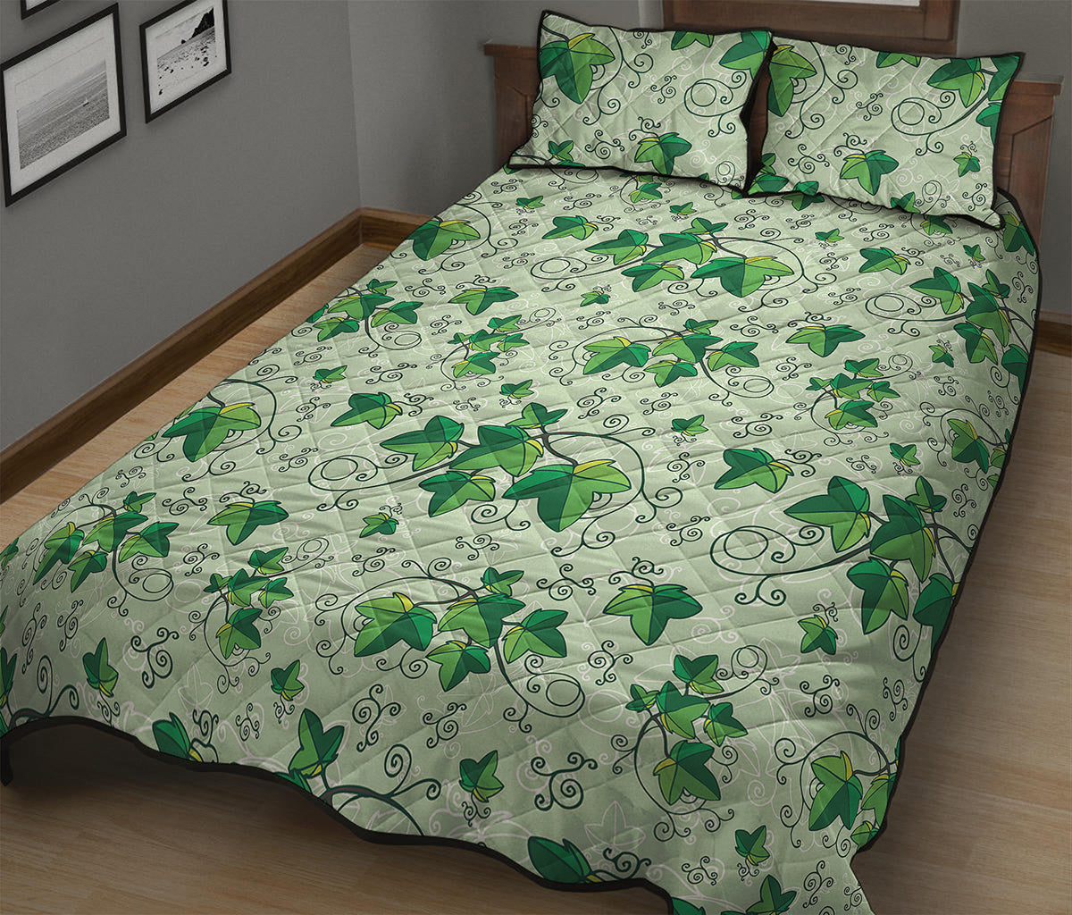 Christmas Ivy Leaf Pattern Print Quilt Bed Set
