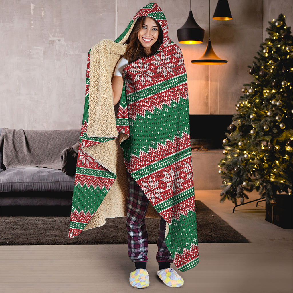 Christmas Knitted Pattern Print Hooded Blanket