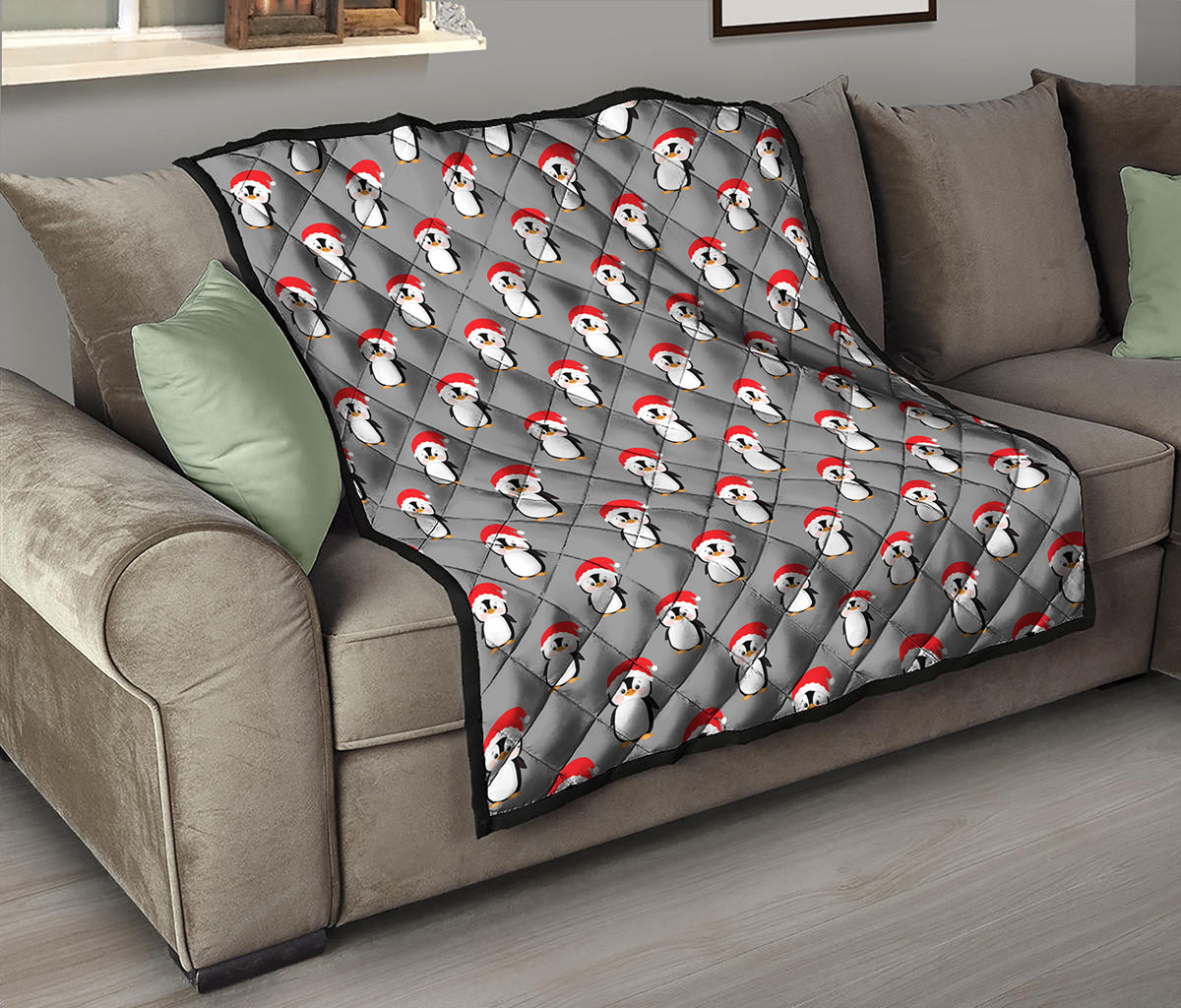 Christmas Santa Penguin Pattern Print Quilt
