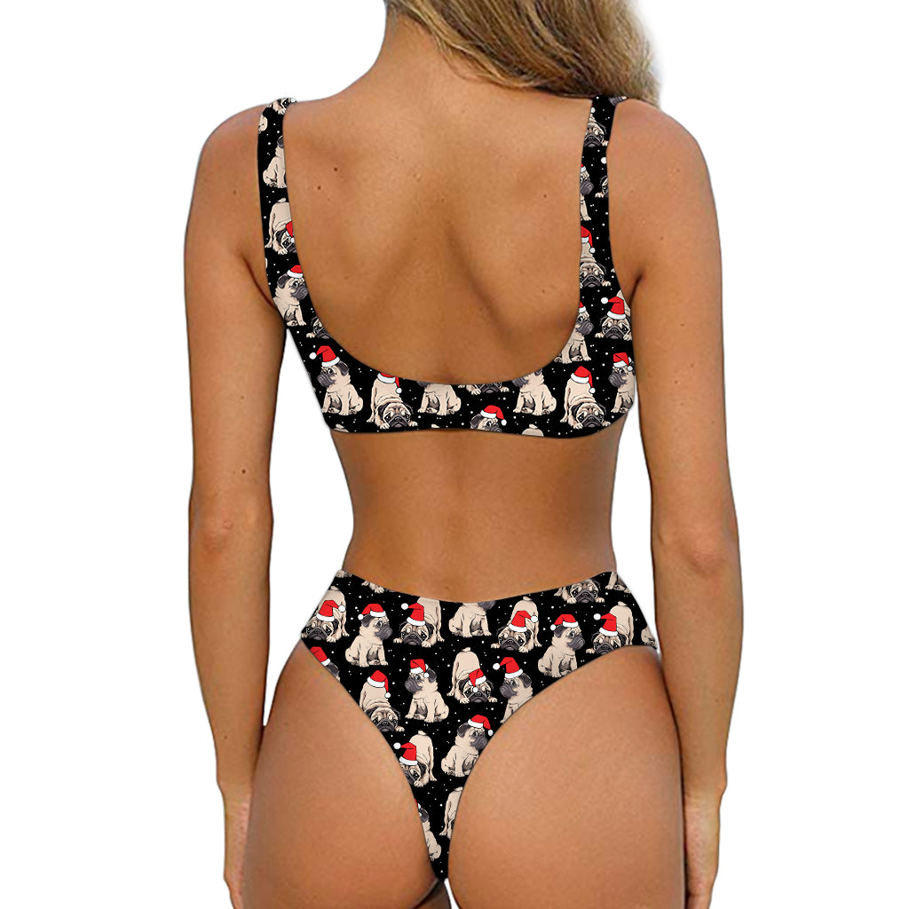 Christmas Santa Pug Pattern Print Front Bow Tie Bikini