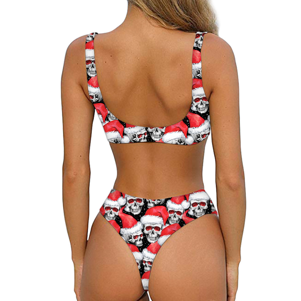 Christmas Santa Skull Pattern Print Front Bow Tie Bikini