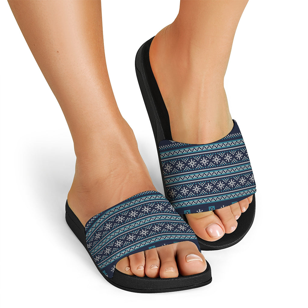 Christmas Snowman Knitted Pattern Print Black Slide Sandals