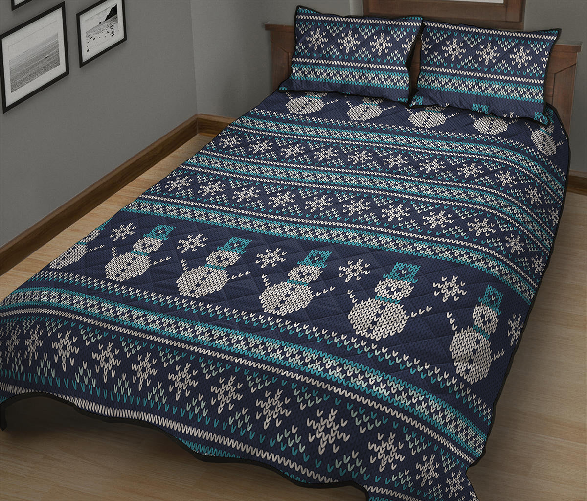 Christmas Snowman Knitted Pattern Print Quilt Bed Set