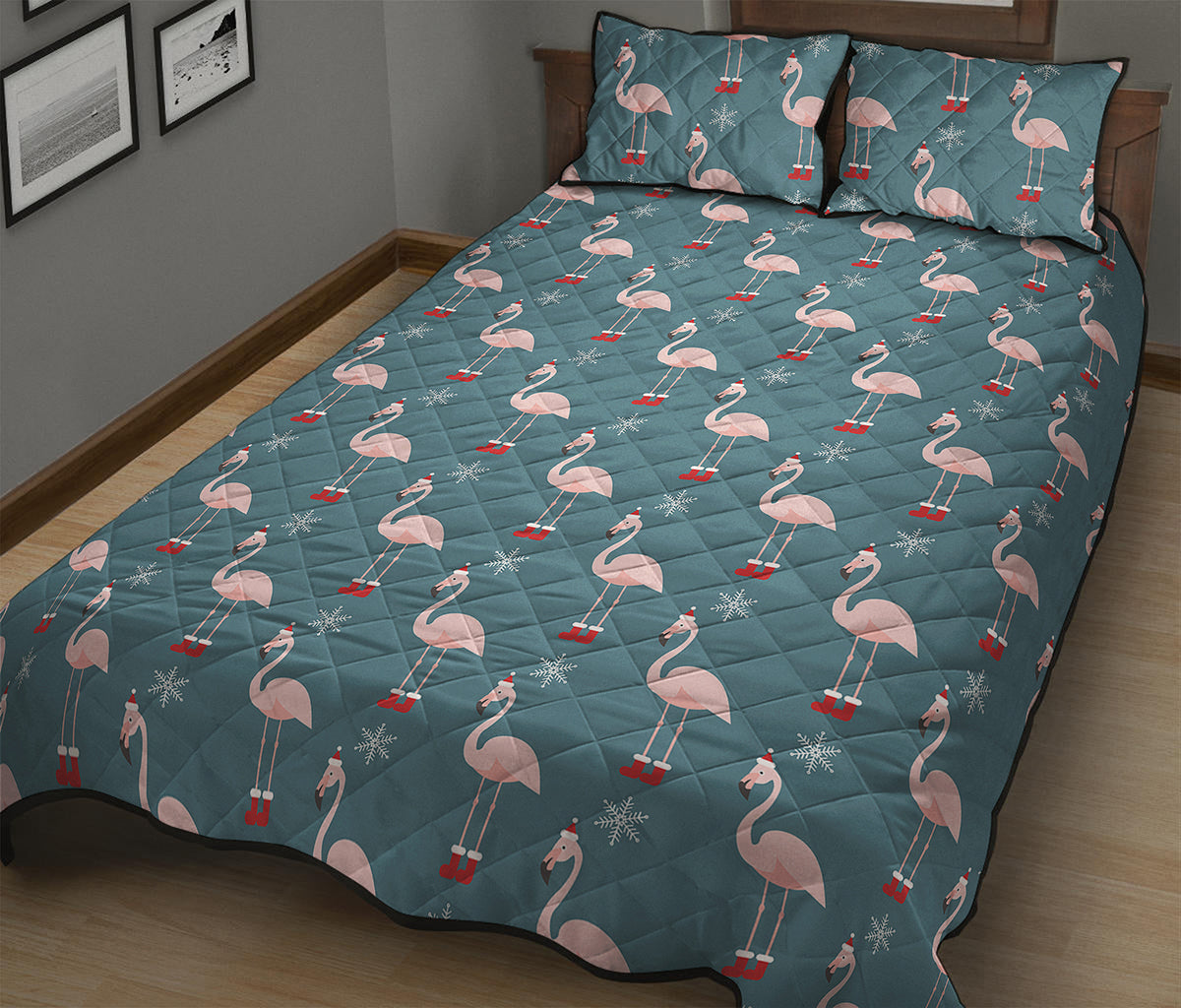 Christmas Snowy Flamingo Pattern Print Quilt Bed Set