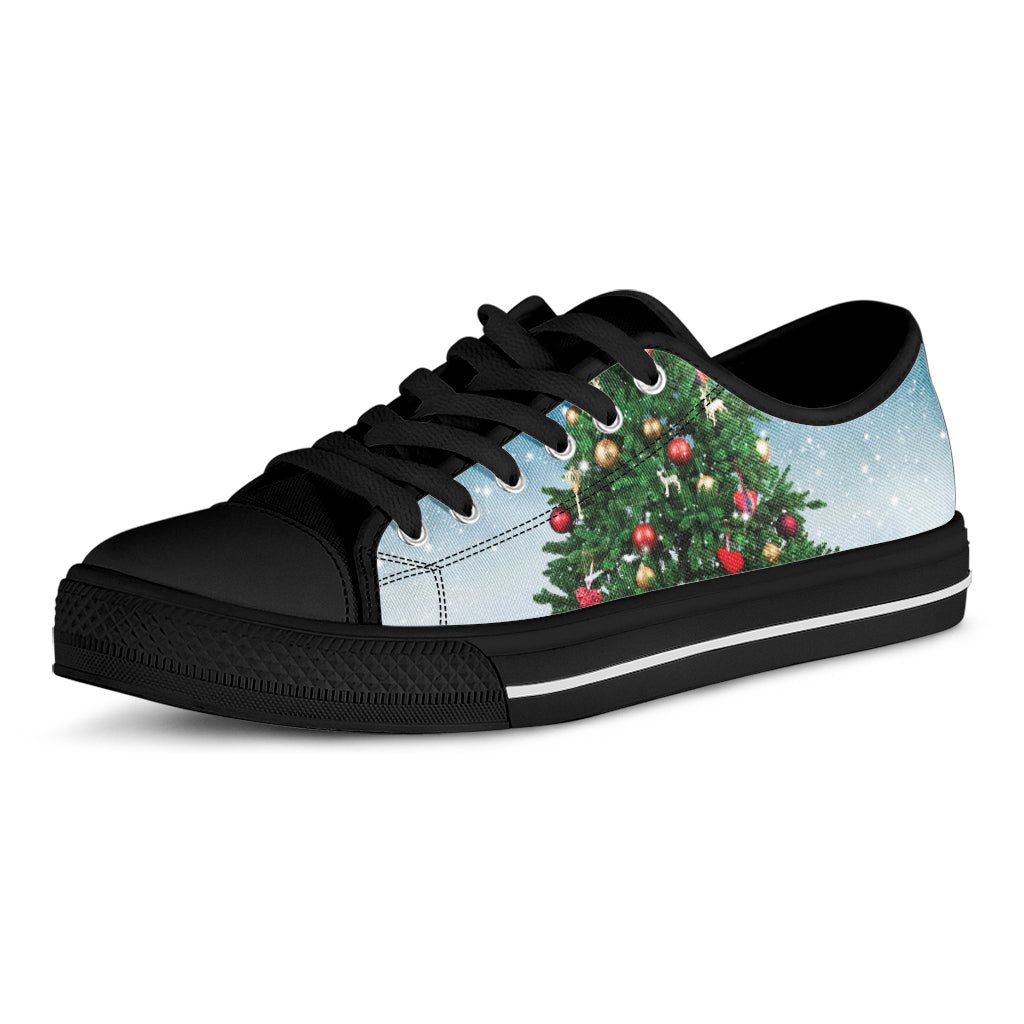Christmas Tree And Snow Print Black Low Top Shoes