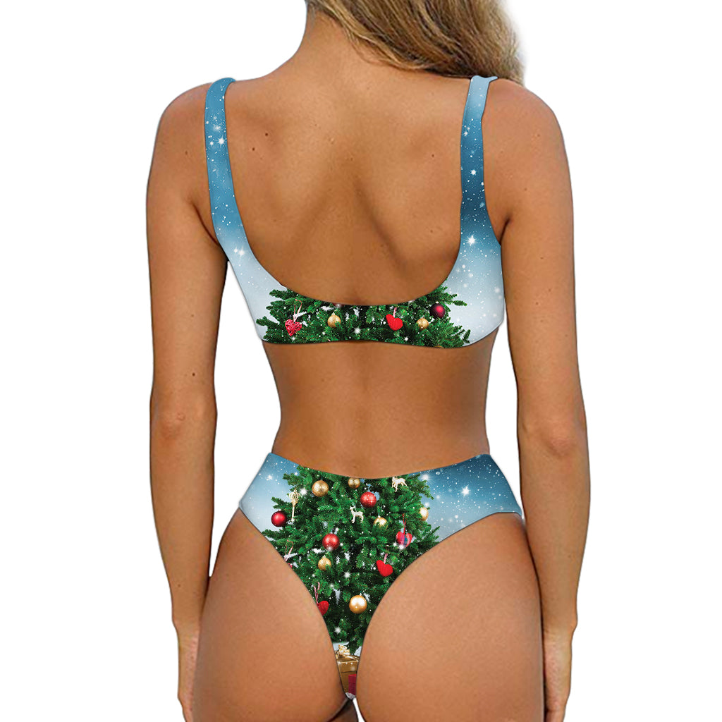 Christmas Tree And Snow Print Front Bow Tie Bikini