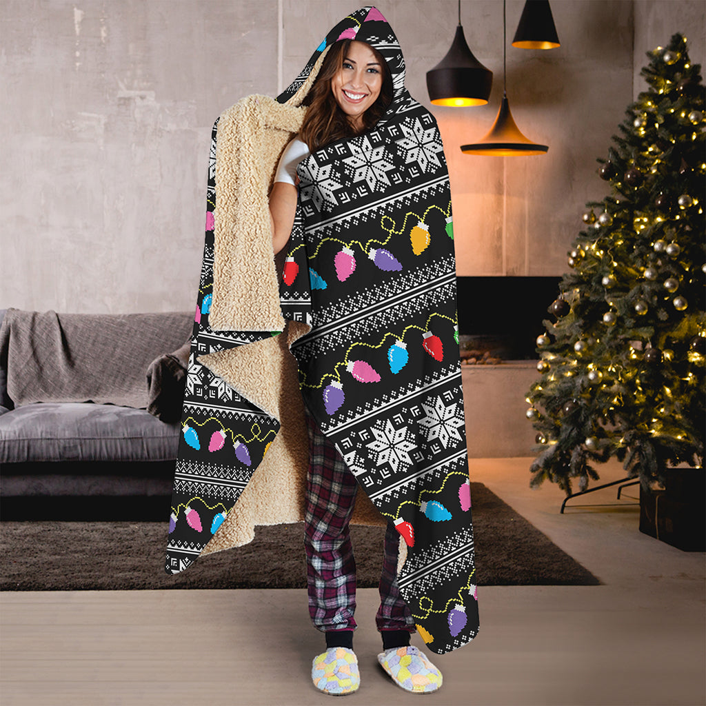 Christmas Tree Lights Print Hooded Blanket