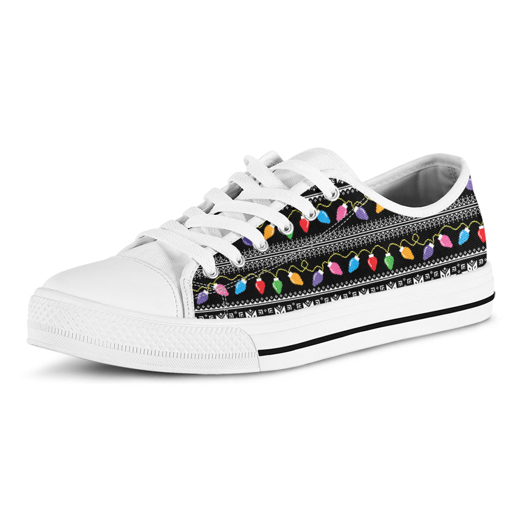 Christmas Tree Lights Print White Low Top Shoes