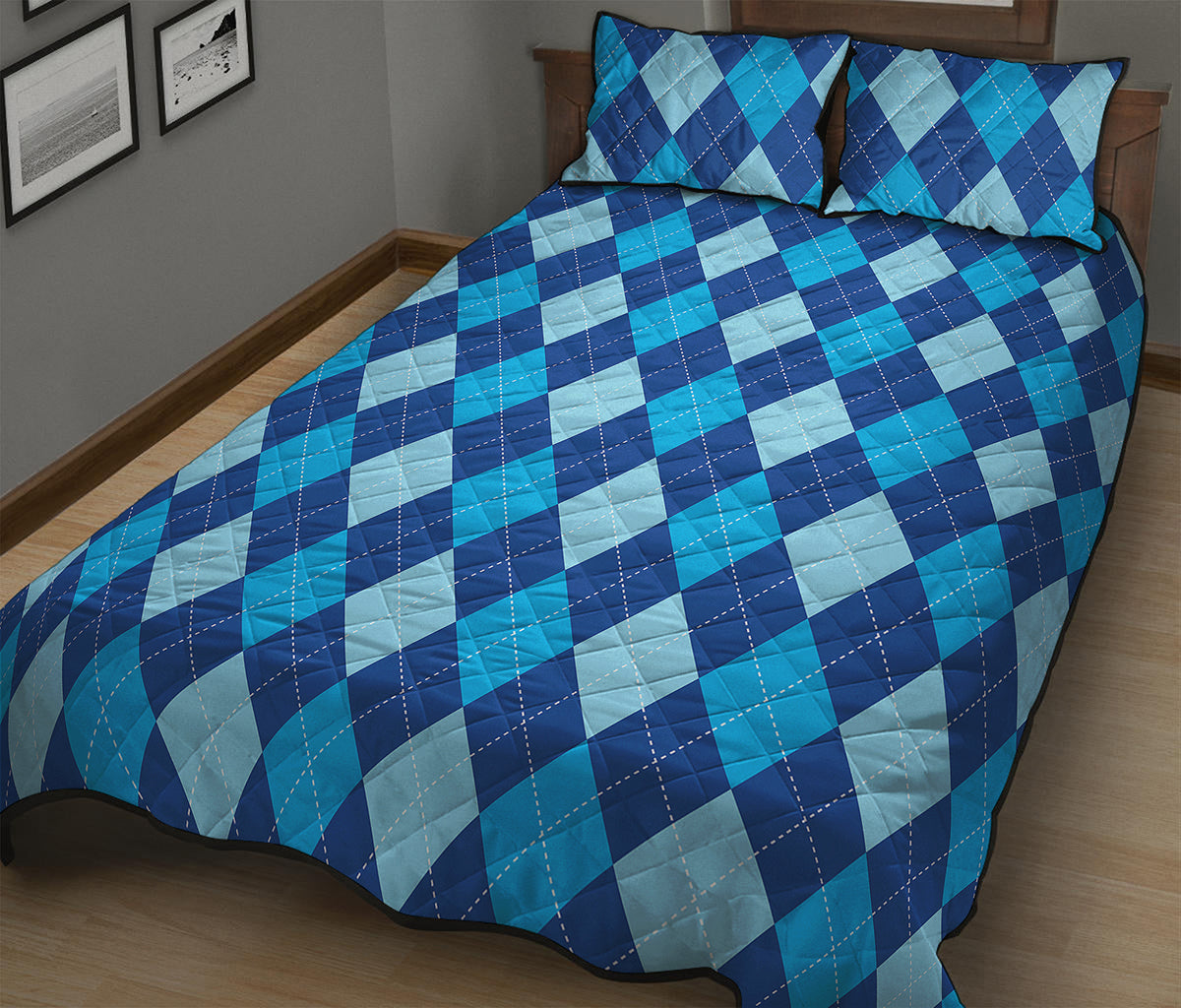 Classic Blue Argyle Pattern Print Quilt Bed Set