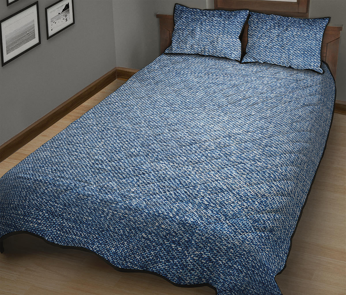 Classic Blue Denim Jeans Print Quilt Bed Set