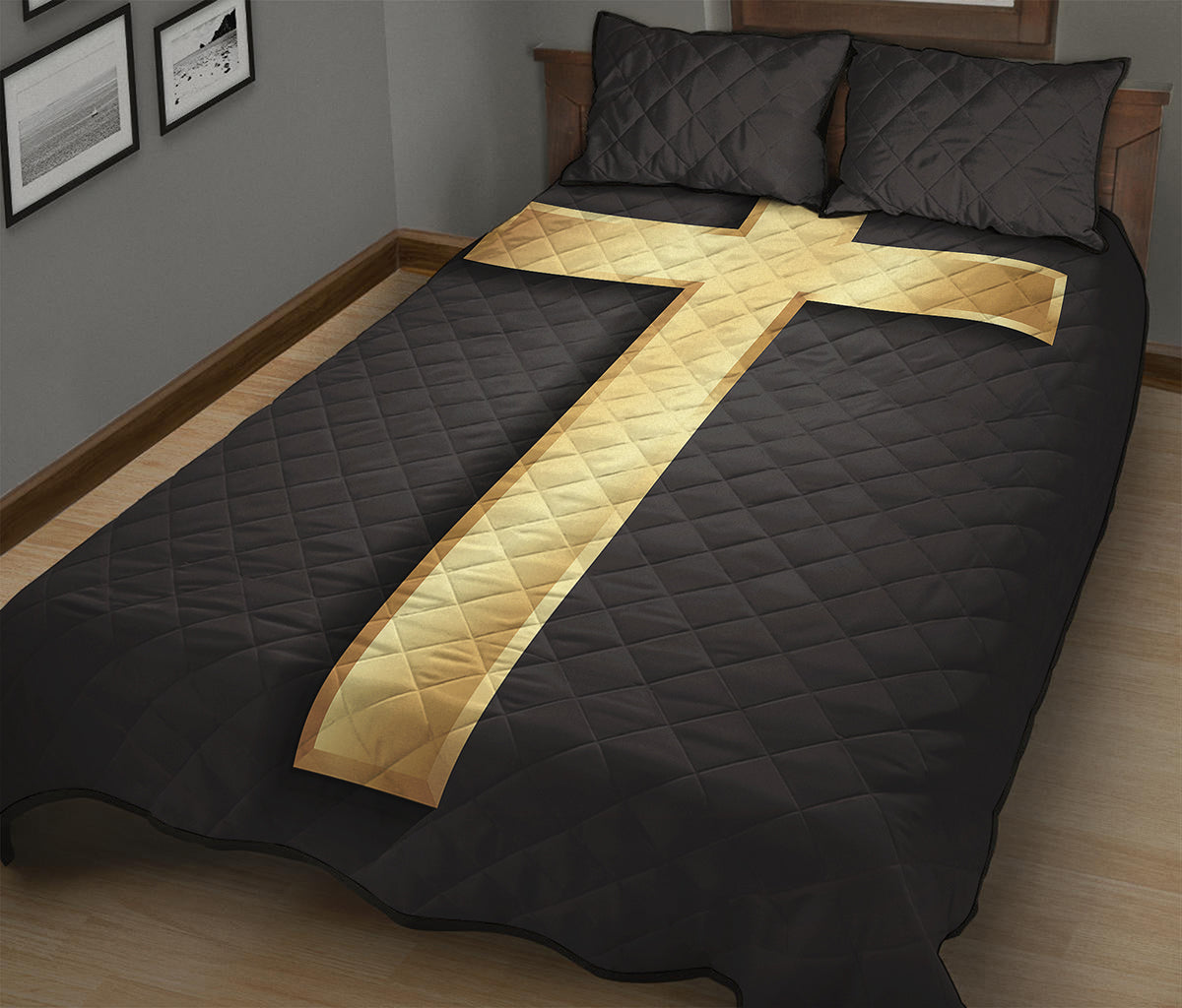 Classic Golden Cross Print Quilt Bed Set