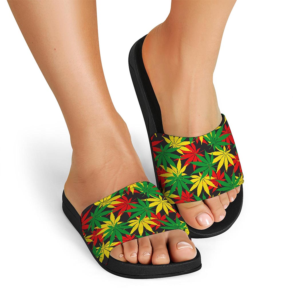 Classic Hemp Leaves Reggae Pattern Print Black Slide Sandals