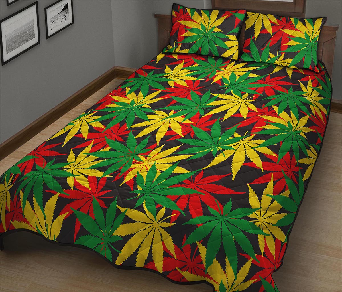 Classic Hemp Leaves Reggae Pattern Print Quilt Bed Set