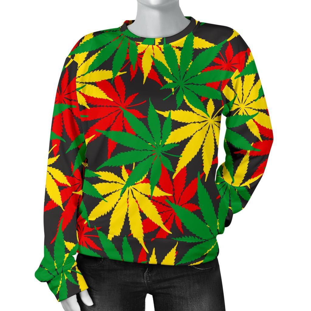 Classic Hemp Leaves Reggae Pattern Print Women's Crewneck Sweatshirt GearFrost