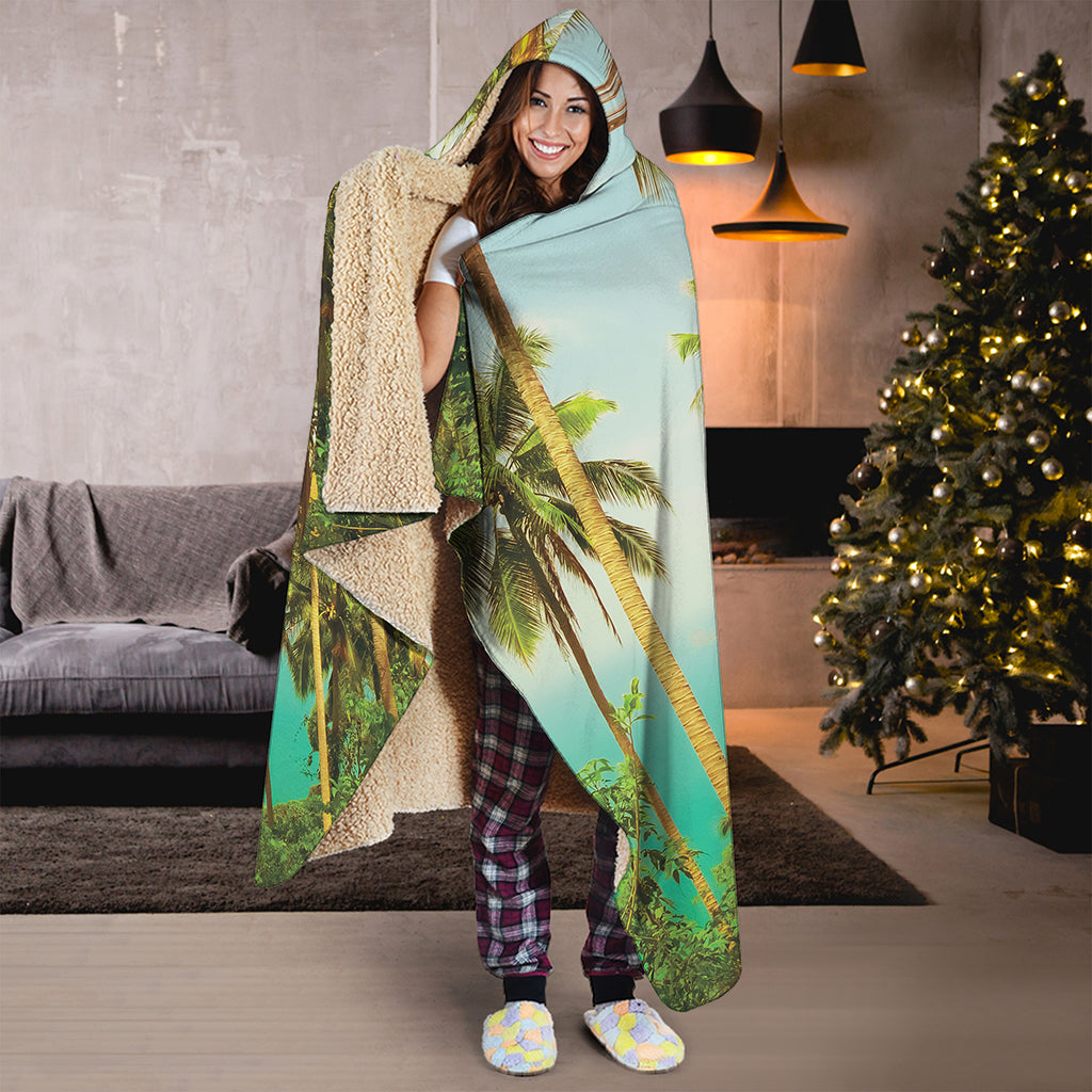 Coconut Tree Print Hooded Blanket
