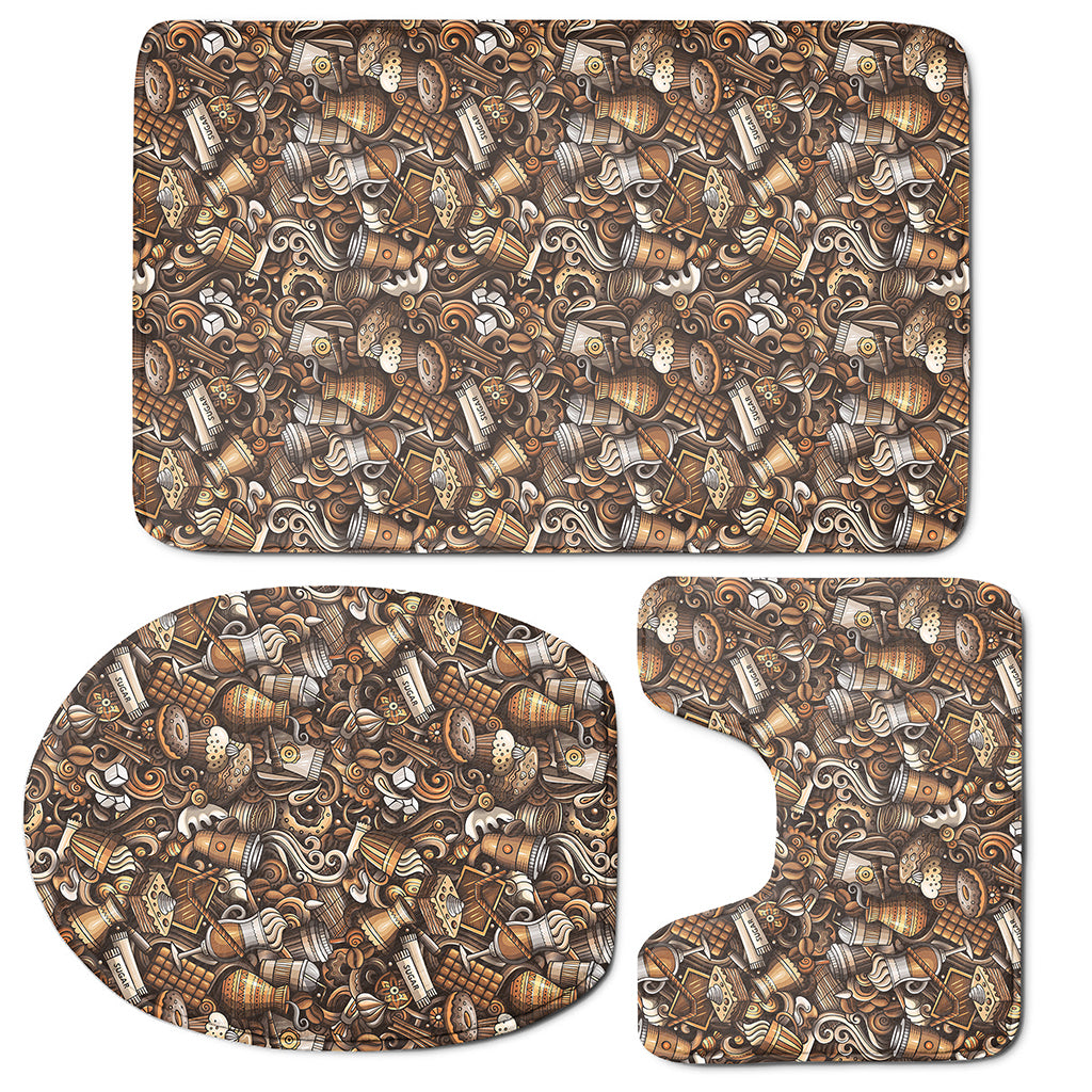 Coffee And Dessert Drawing Pattern Print 3 Piece Bath Mat Set