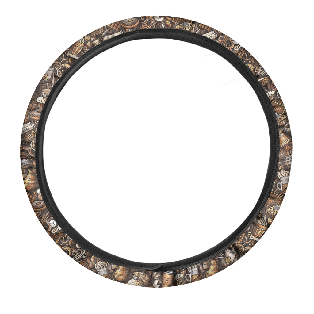 Coffee And Dessert Drawing Pattern Print Car Steering Wheel Cover