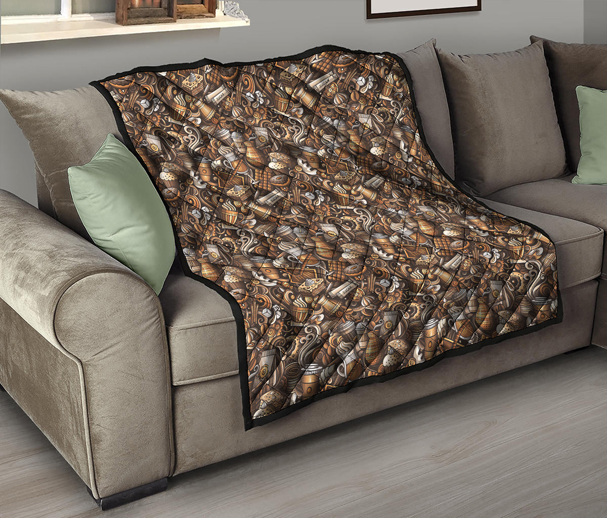 Coffee And Dessert Drawing Pattern Print Quilt