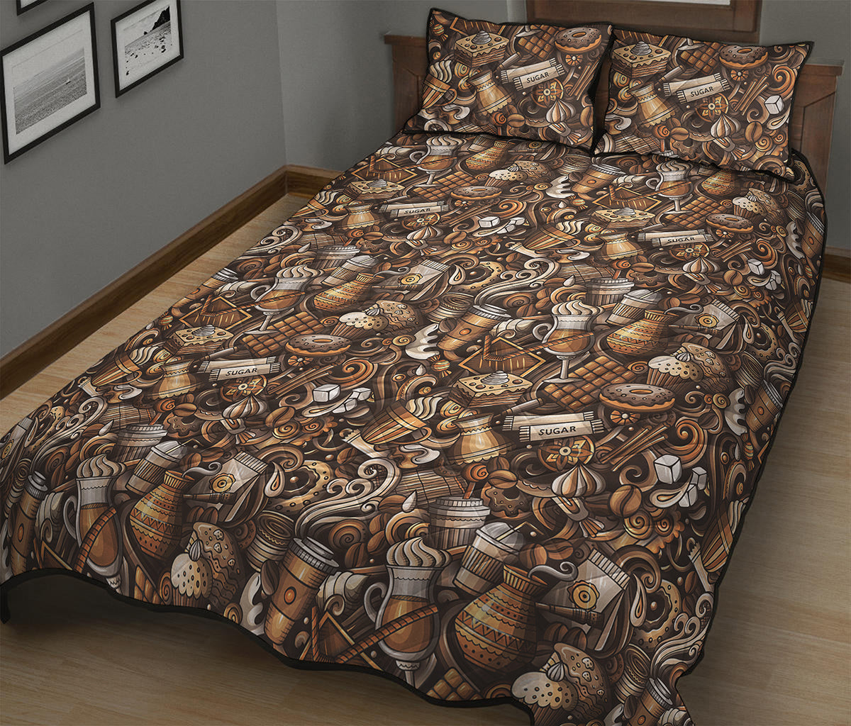 Coffee And Dessert Drawing Pattern Print Quilt Bed Set