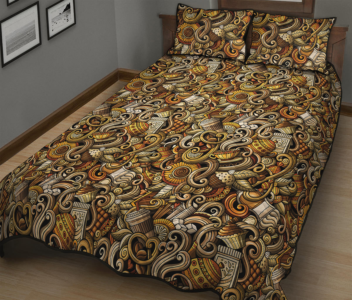 Coffee Drawing Pattern Print Quilt Bed Set