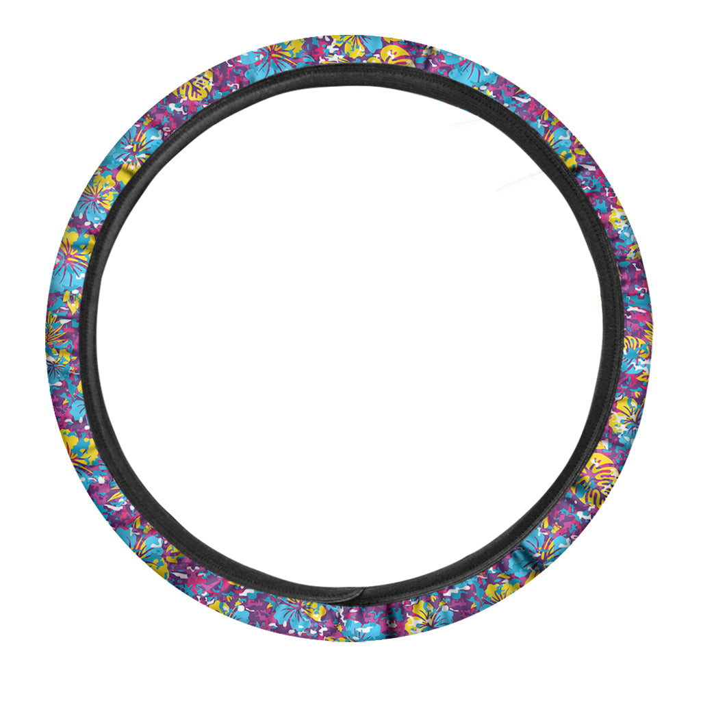 Colorful Aloha Camouflage Flower Print Car Steering Wheel Cover
