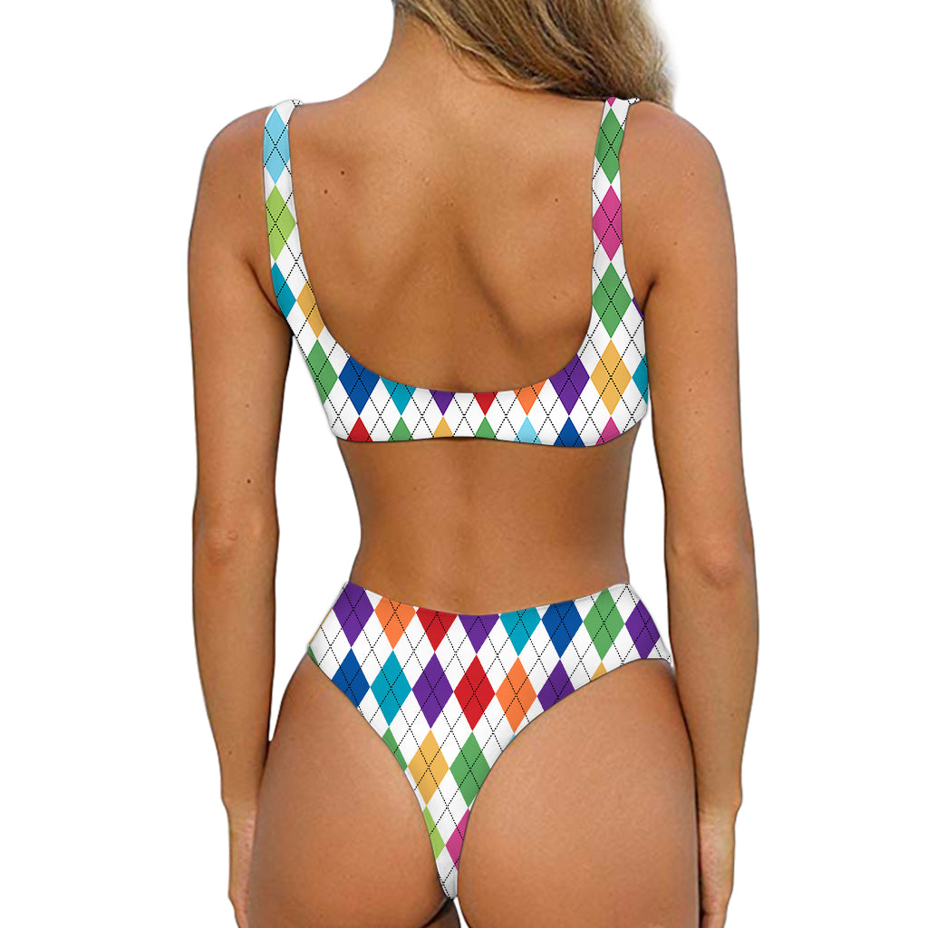 Colorful Argyle Pattern Print Front Bow Tie Bikini