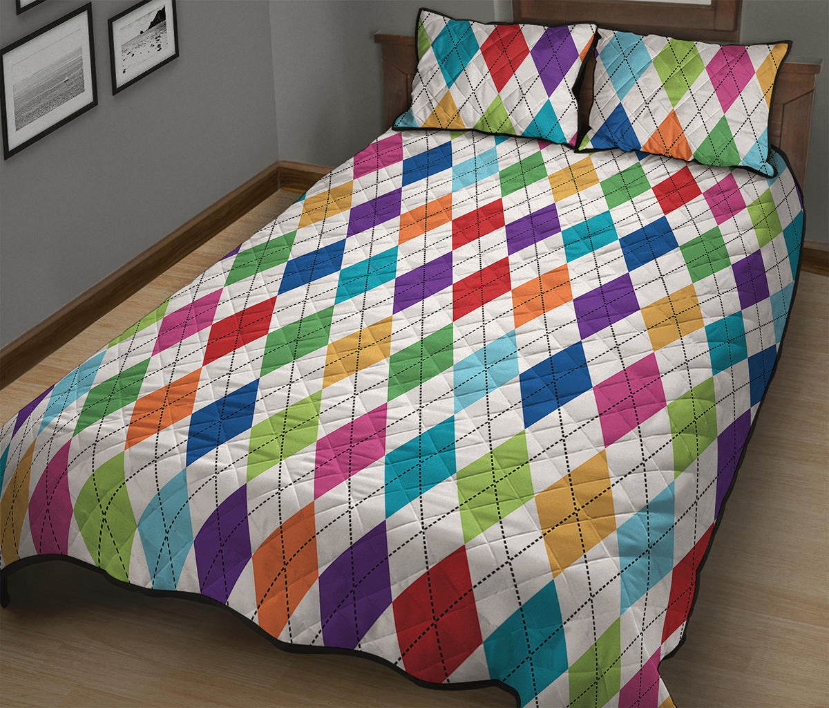Colorful Argyle Pattern Print Quilt Bed Set