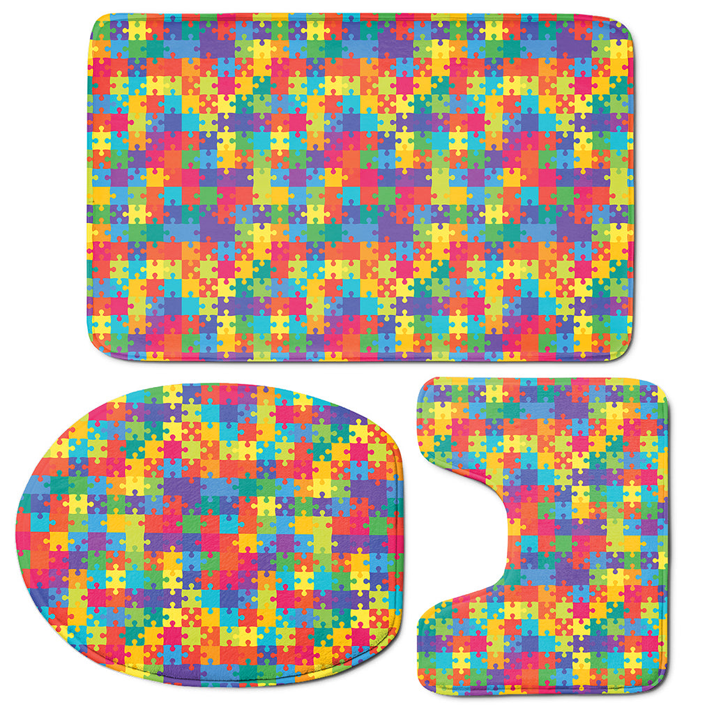 Colorful Autism Awareness Jigsaw Print 3 Piece Bath Mat Set