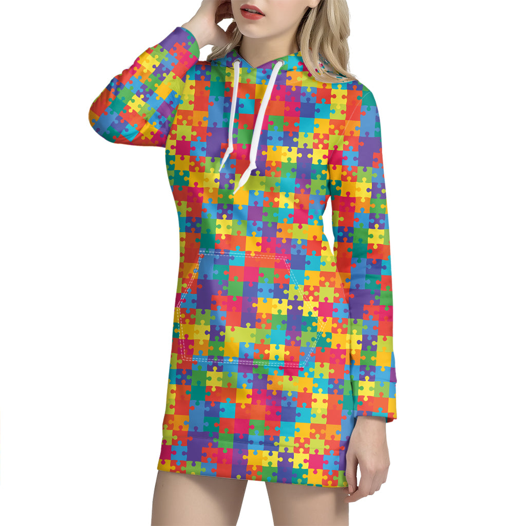 Colorful Autism Awareness Jigsaw Print Hoodie Dress