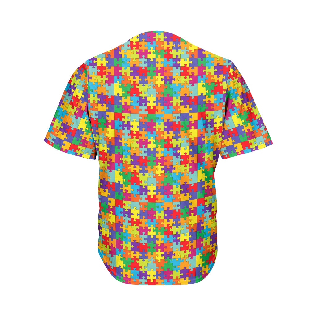 Colorful Autism Awareness Puzzle Print Men's Baseball Jersey