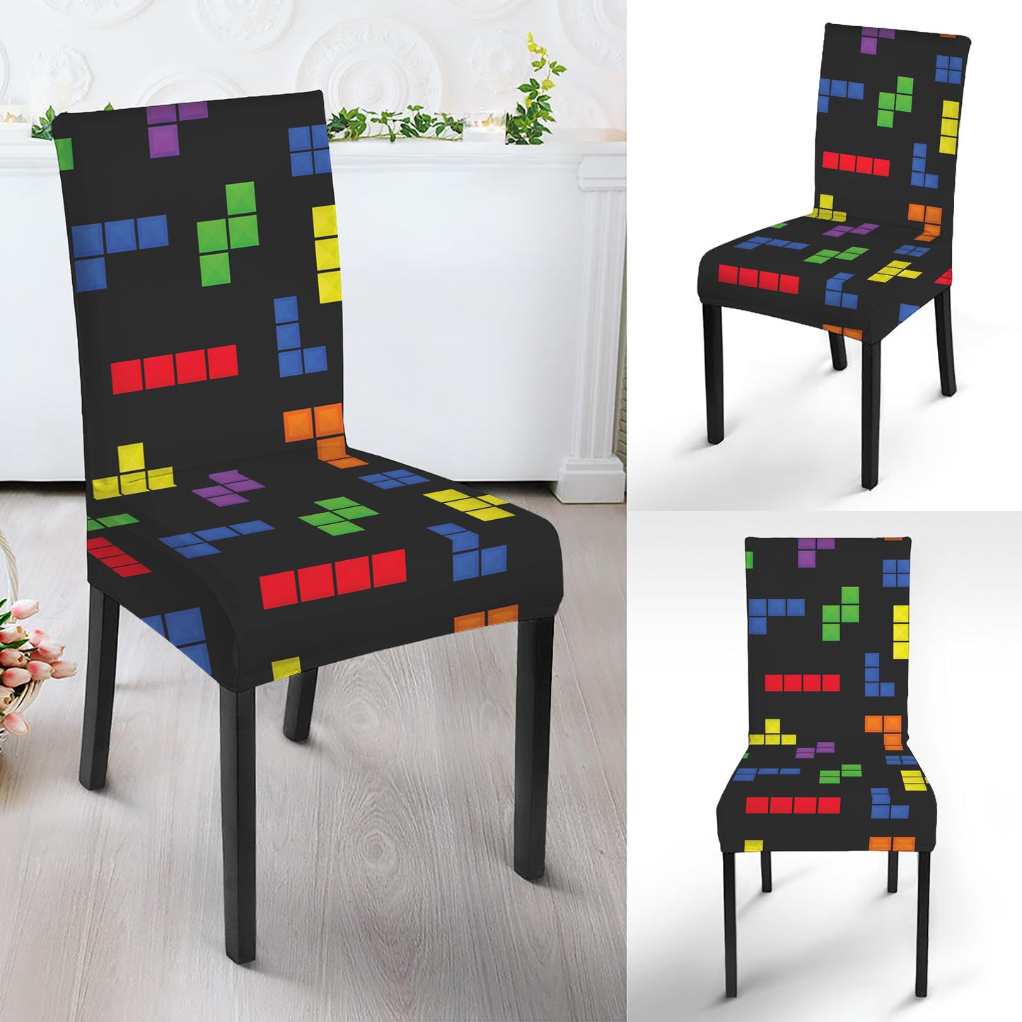 Colorful Block Puzzle Game Pattern Print Dining Chair Slipcover