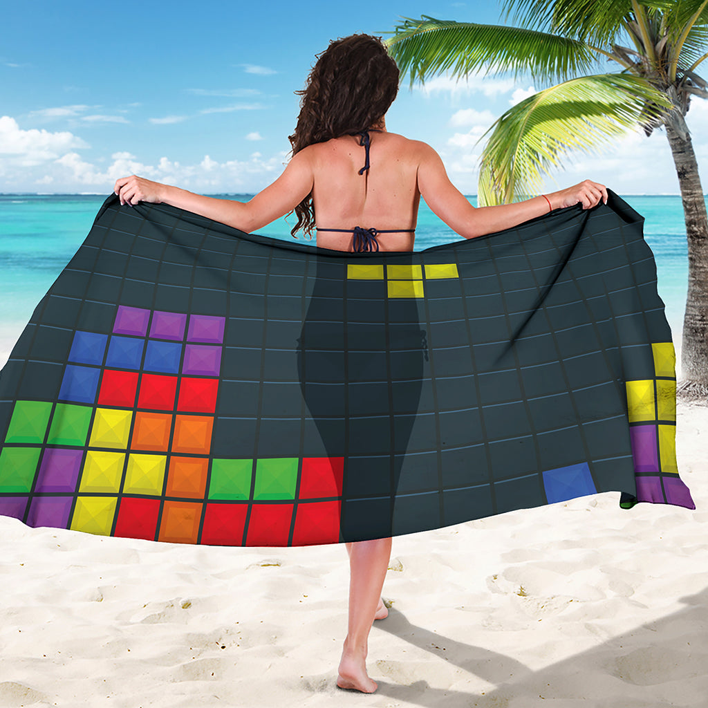 Colorful Block Puzzle Video Game Print Beach Sarong Wrap