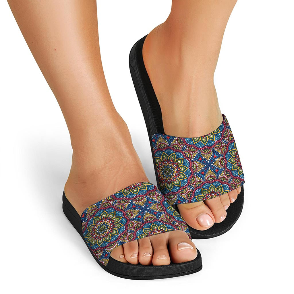 Colorful Bohemian Mandala Pattern Print Black Slide Sandals