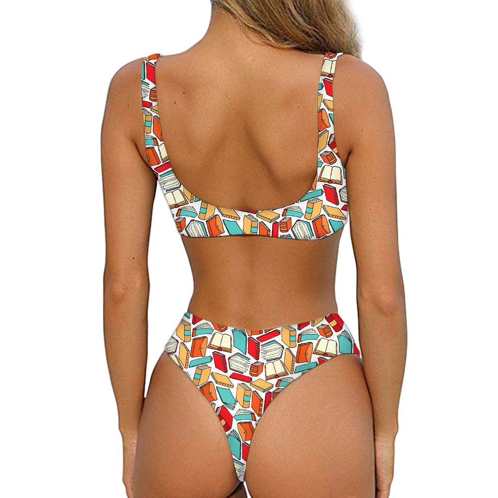 Colorful Books Pattern Print Front Bow Tie Bikini