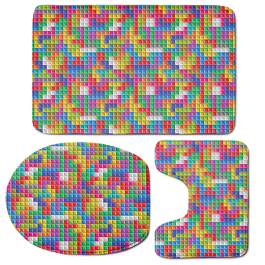 Colorful Brick Puzzle Game Pattern Print 3 Piece Bath Mat Set
