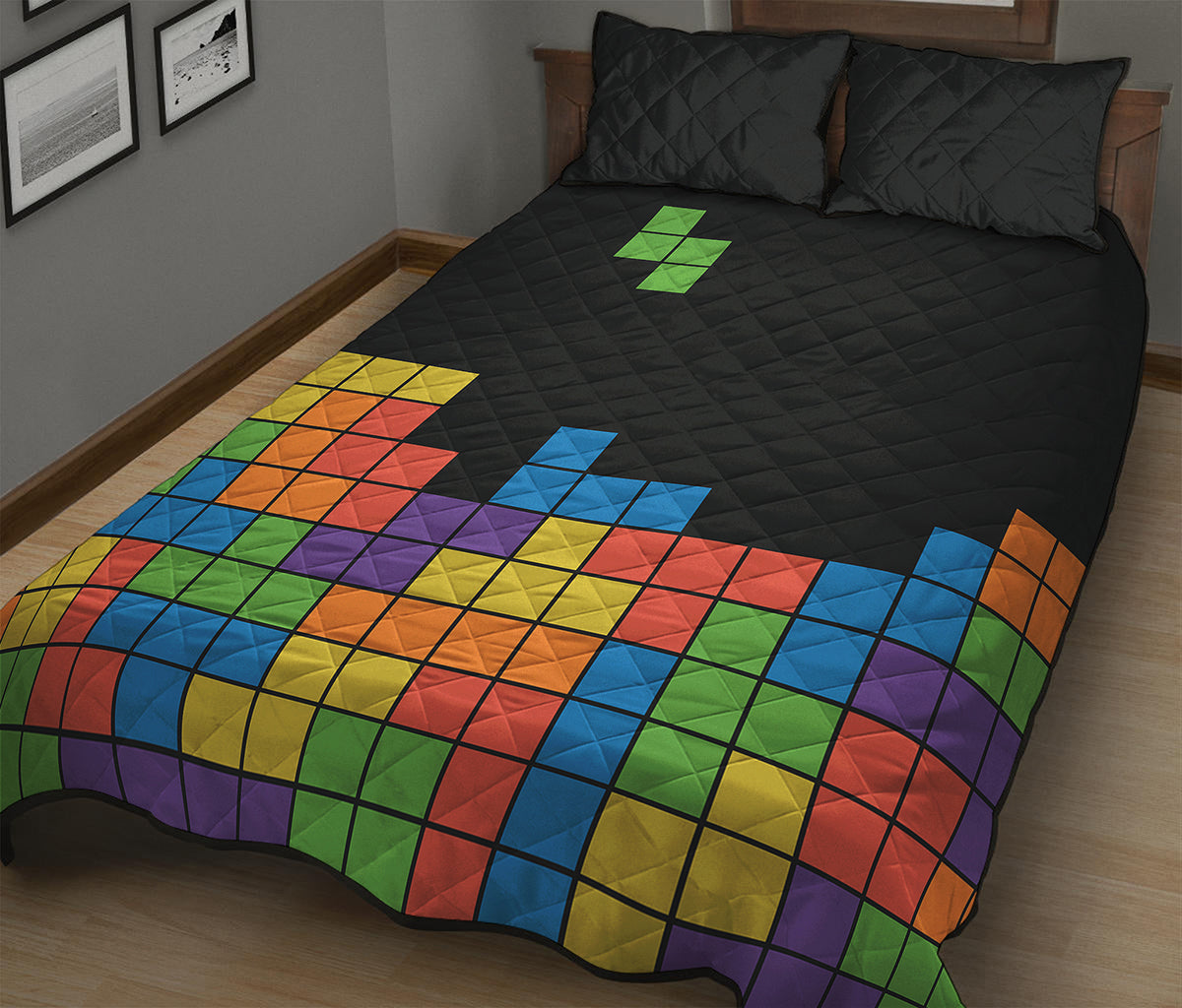 Colorful Brick Puzzle Video Game Print Quilt Bed Set