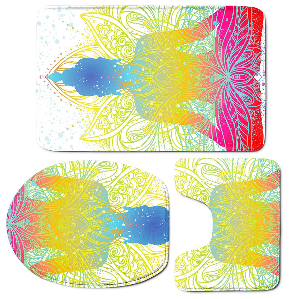 Colorful Buddha Lotus Print 3 Piece Bath Mat Set