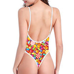 Colorful Candy Pattern Print One Piece High Cut Swimsuit